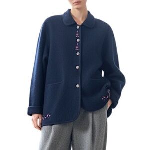 Vintage 90s pure wool dark blue boiled wool boxy oversized embroidered sweater L